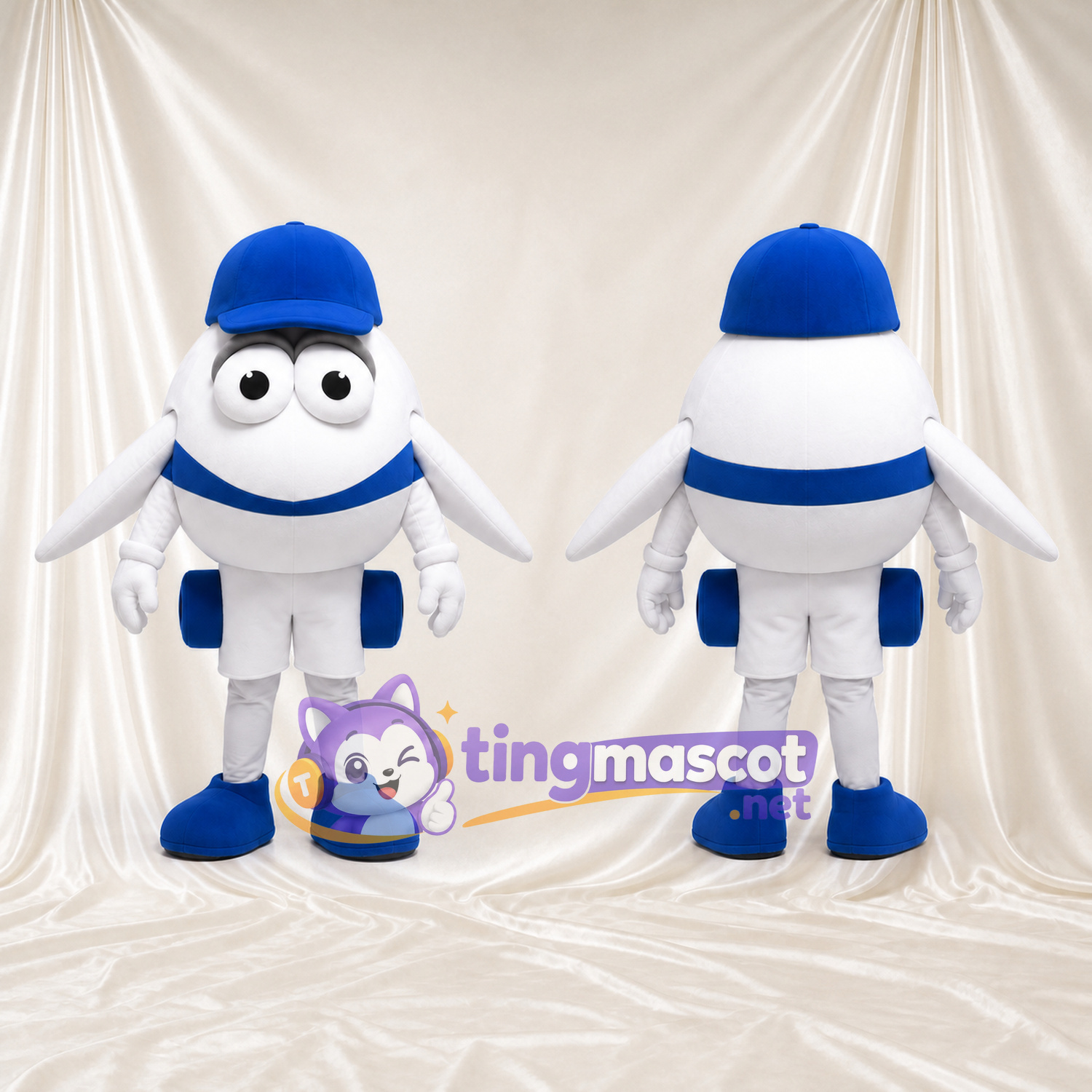 White Airplane Character Mascot Costume - Blue Cap and Blue Shoes White Airplane Character Mascot Costume - Blue Cap and Blue Shoes