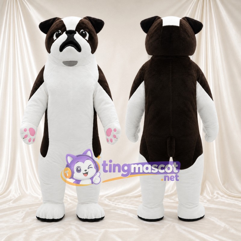Black and White Bulldog Mascot Costume - Pink Paw Pads and White Belly