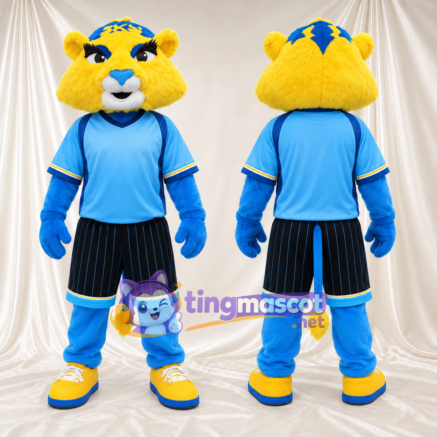 Maskottchenkostüm Katze – gelb / blau – Sportshirt (blau); Shorts (schwarz) Maskottchenkostüm Katze – gelb / blau – Sportshirt (blau); Shorts (schwarz)