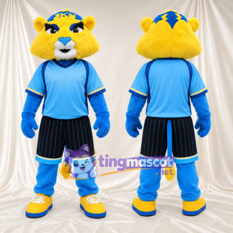 Maskottchenkostüm Katze – gelb / blau – Sportshirt (blau); Shorts (schwarz)