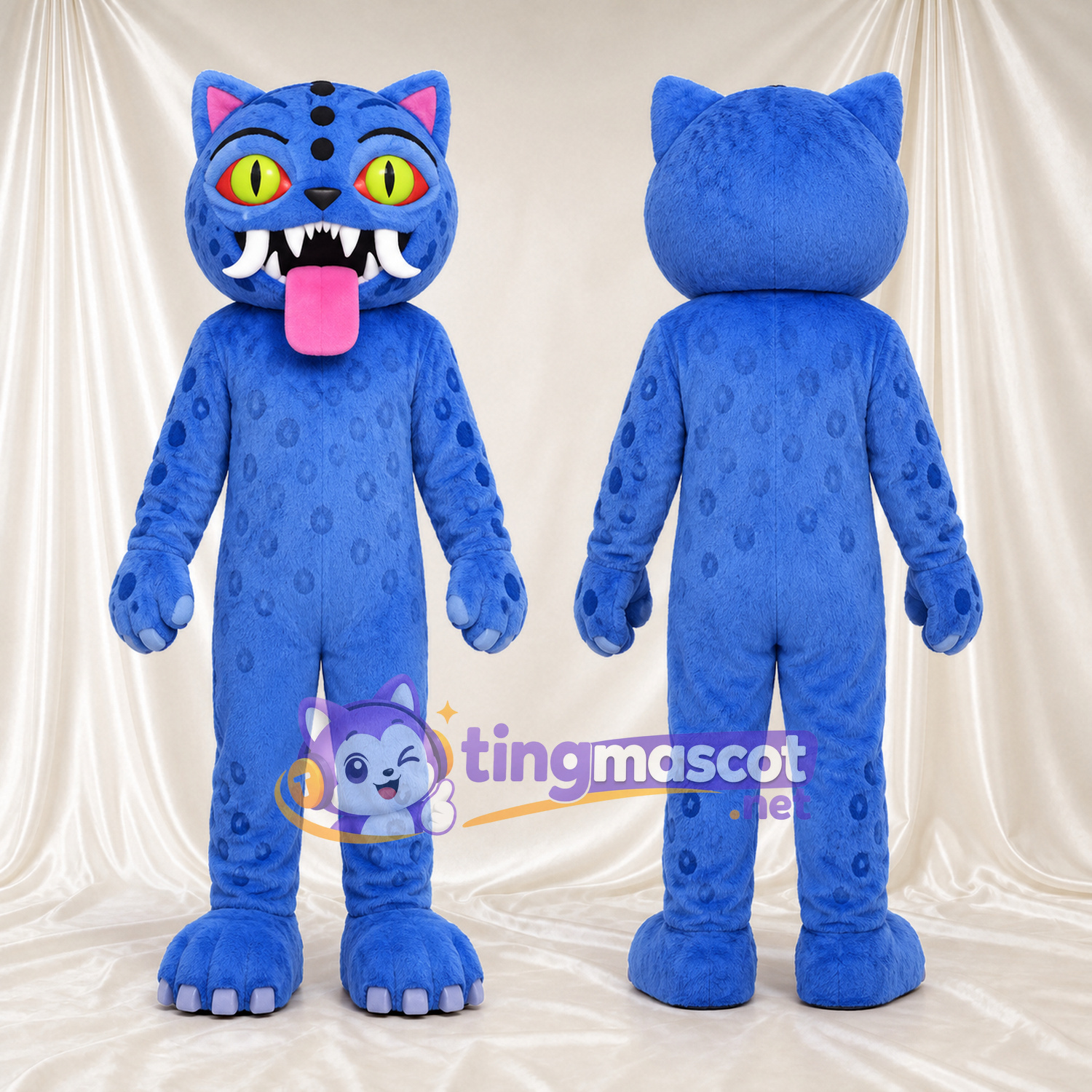 Costume de mascotte Chat – bleu – Yeux (jaune); Langue (long, rose) Costume de mascotte Chat – bleu – Yeux (jaune); Langue (long, rose)