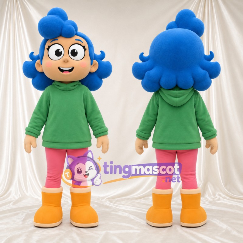 Maskottchenkostüm Mädchenfigur – wie abgebildet – Haare (blau); Kapuzenpullover (grün); Stiefel (gelb)