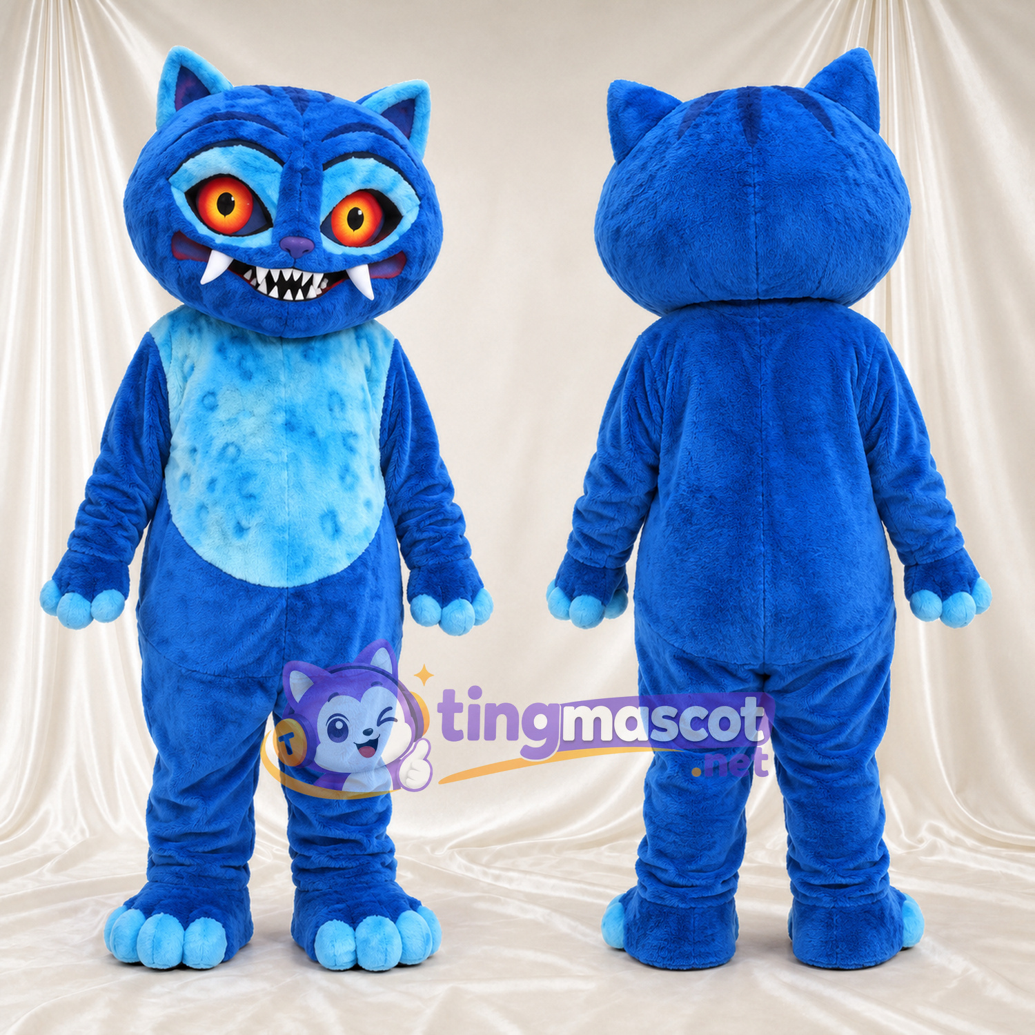Blue Monster Cat Mascot Costume - Orange Eyes and Sharp-Toothed Grin Blue Monster Cat Mascot Costume - Orange Eyes and Sharp-Toothed Grin