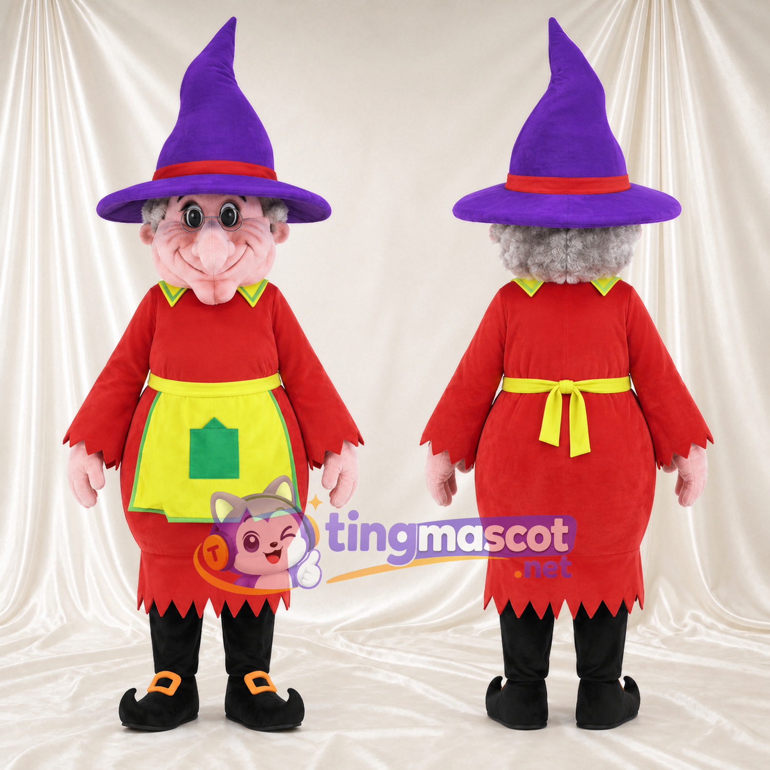 Maskottchenkostüm Hexe – wie abgebildet – Hut (violett); Kleid (rot); Schürze (gelb)