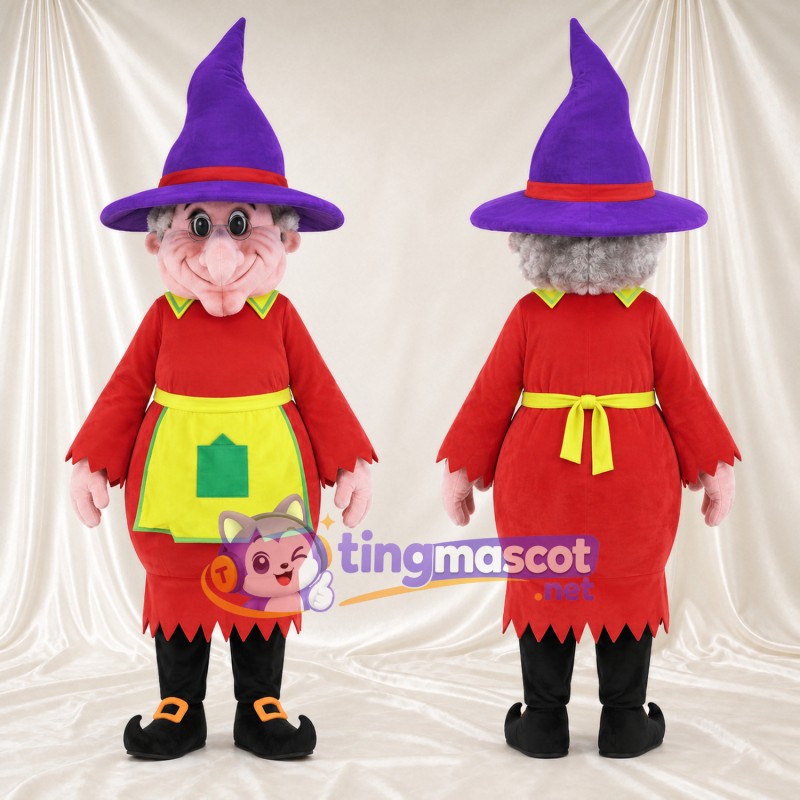Maskottchenkostüm Hexe – wie abgebildet – Hut (violett); Kleid (rot); Schürze (gelb)