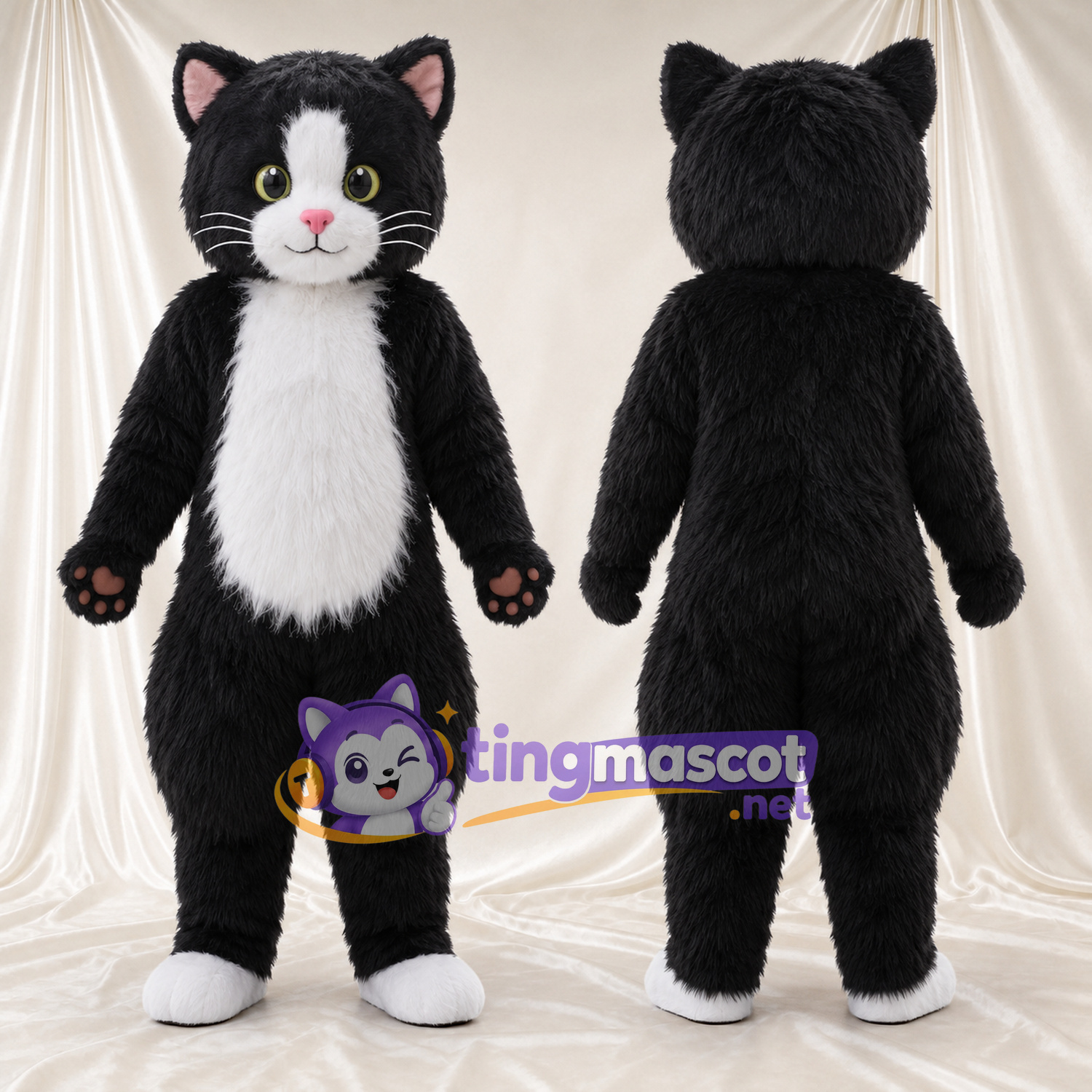 Black and White Cat Mascot Costume - Green Eyes and Pink Paw Pads Black and White Cat Mascot Costume - Green Eyes and Pink Paw Pads
