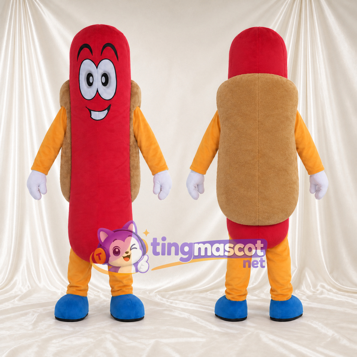 Hotdog-Maskottchenkostüm – lächelnde rote Wurst und blaue Schuhe Hotdog-Maskottchenkostüm – lächelnde rote Wurst und blaue Schuhe