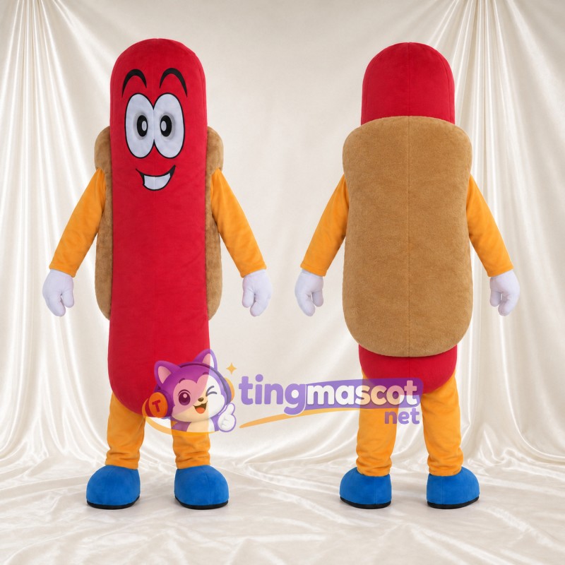 Hotdog-Maskottchenkostüm – lächelnde rote Wurst und blaue Schuhe