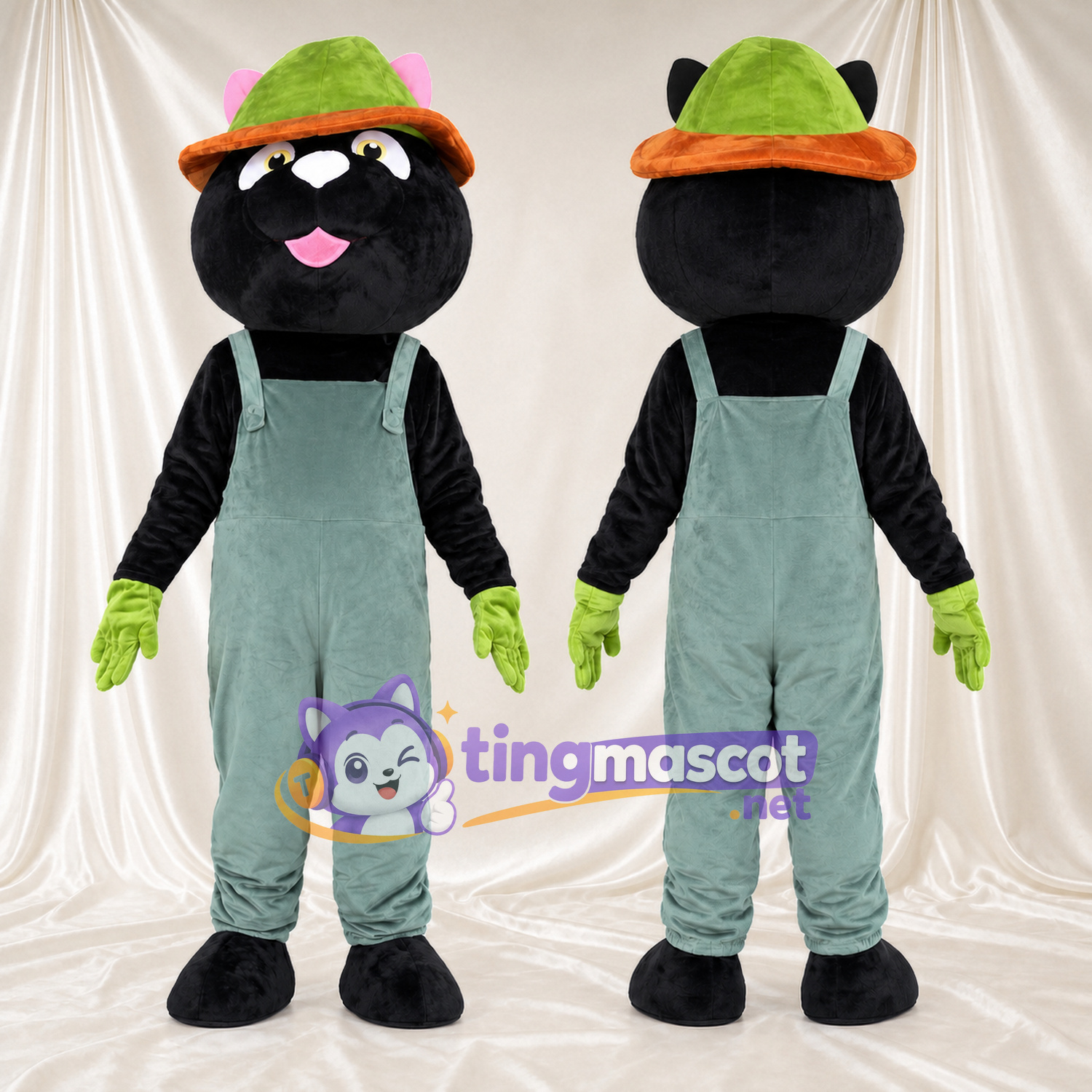 Costume de mascotte Chat – noir – Chapeau (vert); Salopette