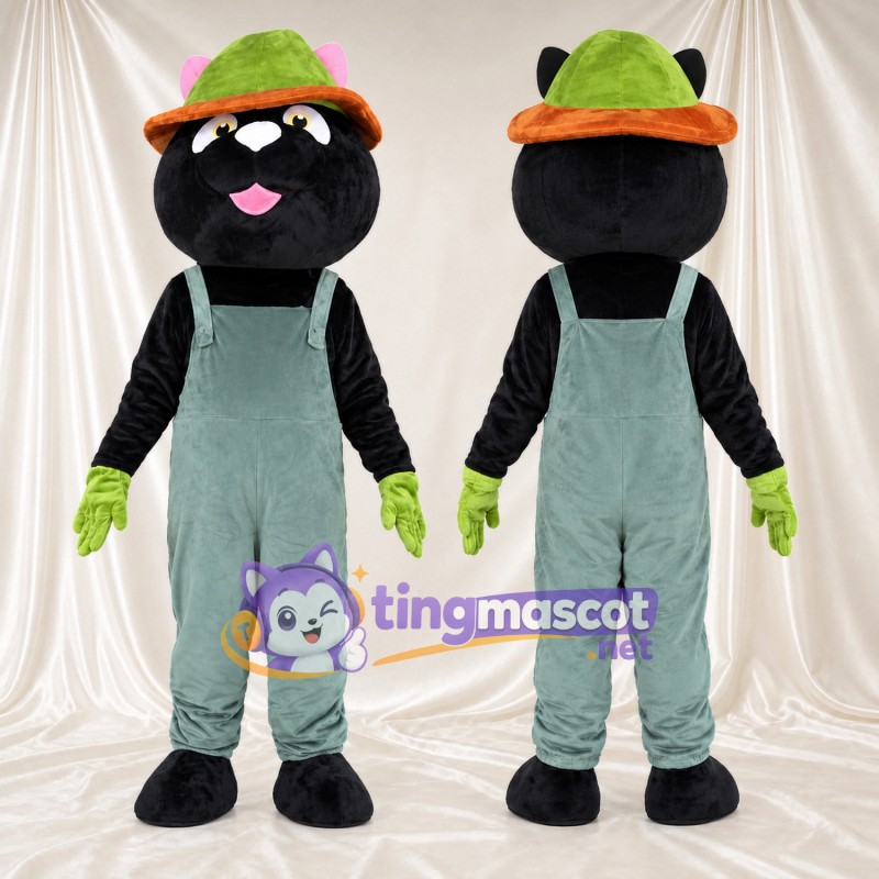 Costume de mascotte Chat – noir – Chapeau (vert); Salopette