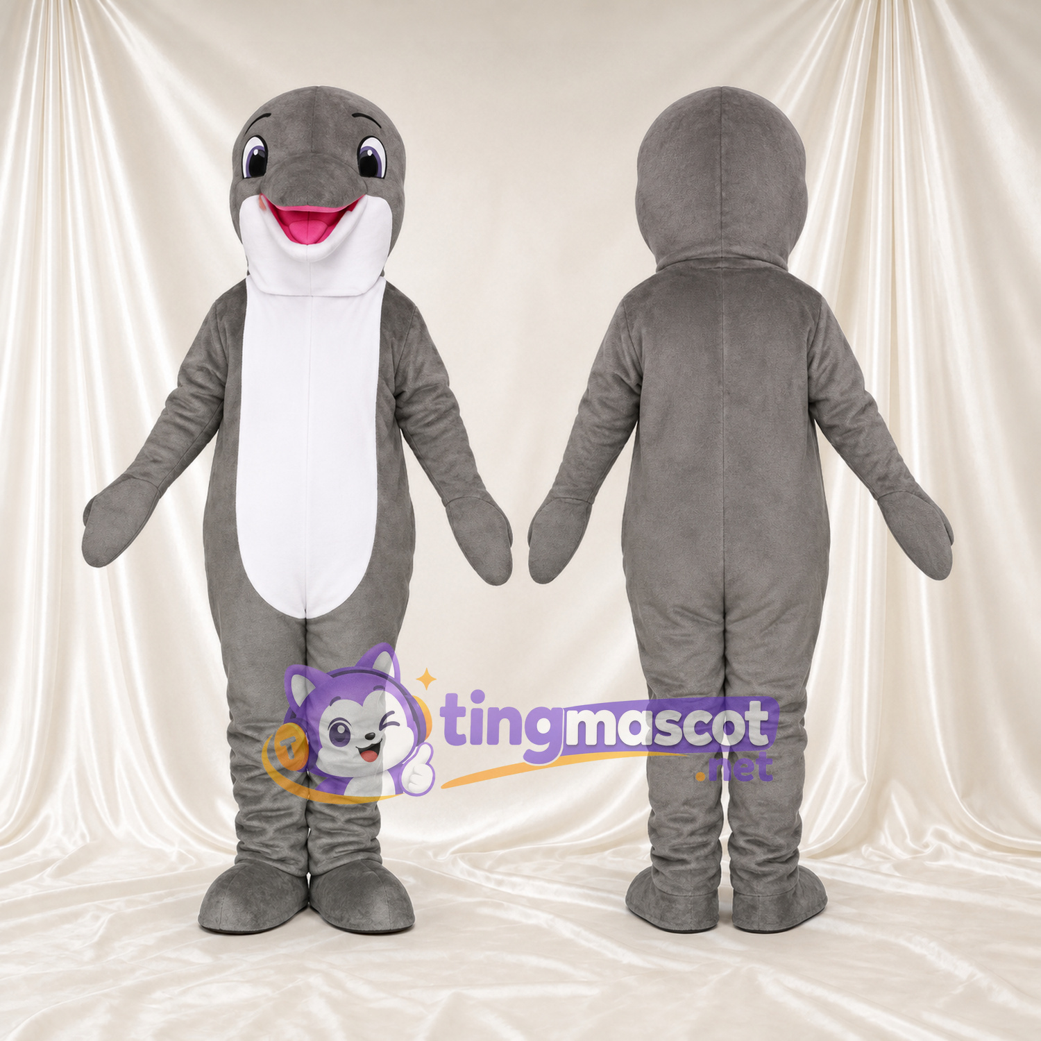 Maskottchenkostüm Delfin – grau – Bauch (weiß); Mund (rosa, lächelnd) Maskottchenkostüm Delfin – grau – Bauch (weiß); Mund (rosa, lächelnd)