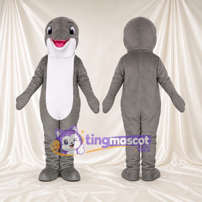 Maskottchenkostüm Delfin – grau – Bauch (weiß); Mund (rosa, lächelnd)