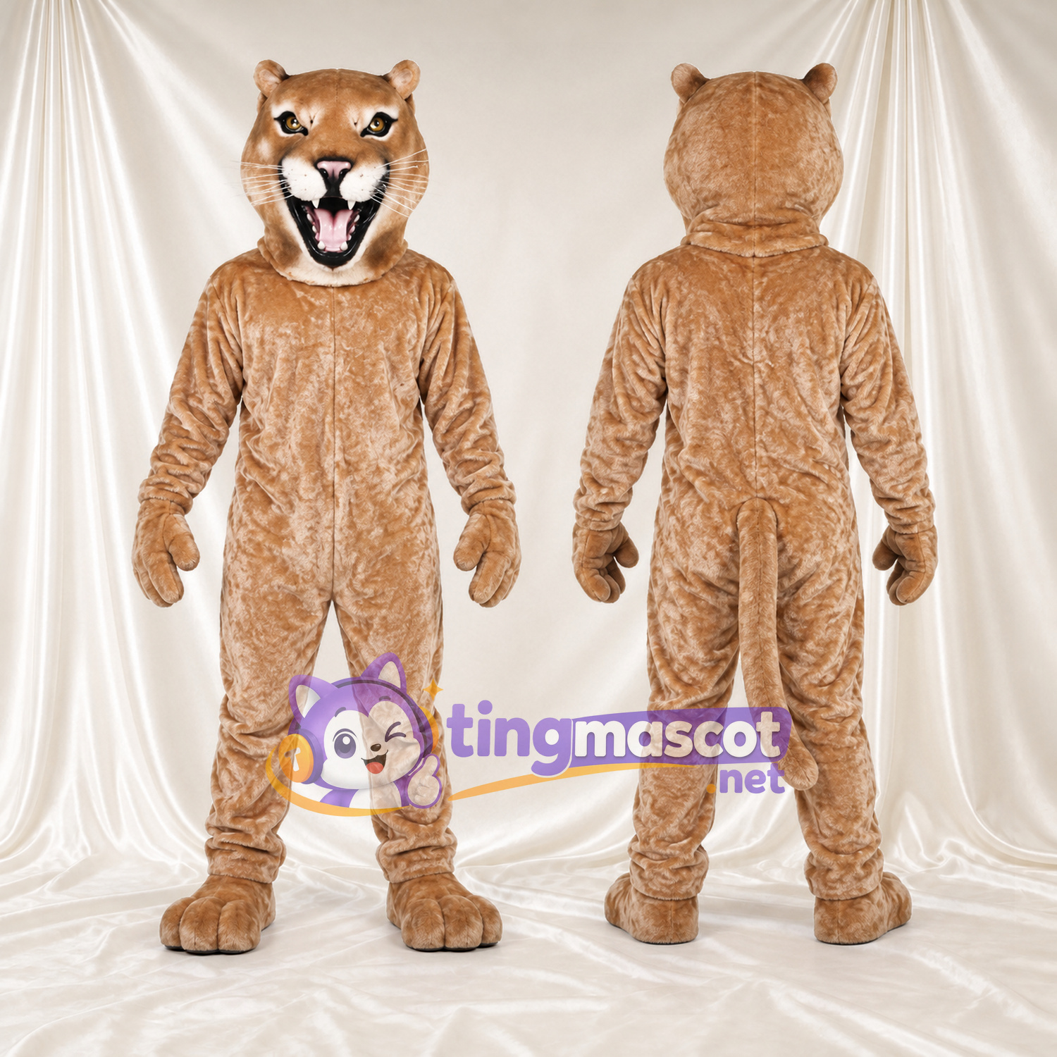 Costume de mascotte Puma – brun clair – Bouche à crocs (large); Museau (crème) Costume de mascotte Puma – brun clair – Bouche à crocs (large); Museau (crème)