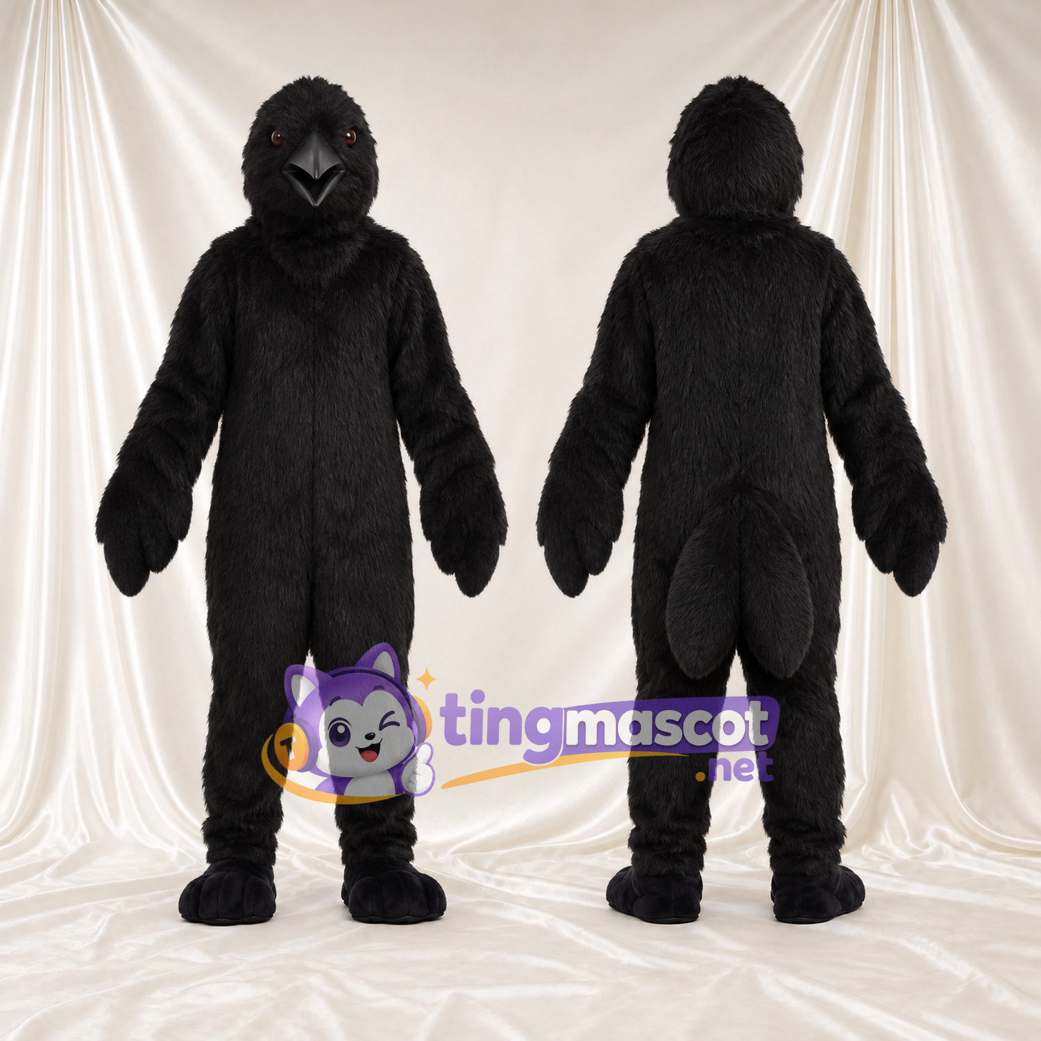 Maskottchenkostüm Rabe – schwarz – Schnabel (schwarz); Körper (zottelig) Maskottchenkostüm Rabe – schwarz – Schnabel (schwarz); Körper (zottelig)