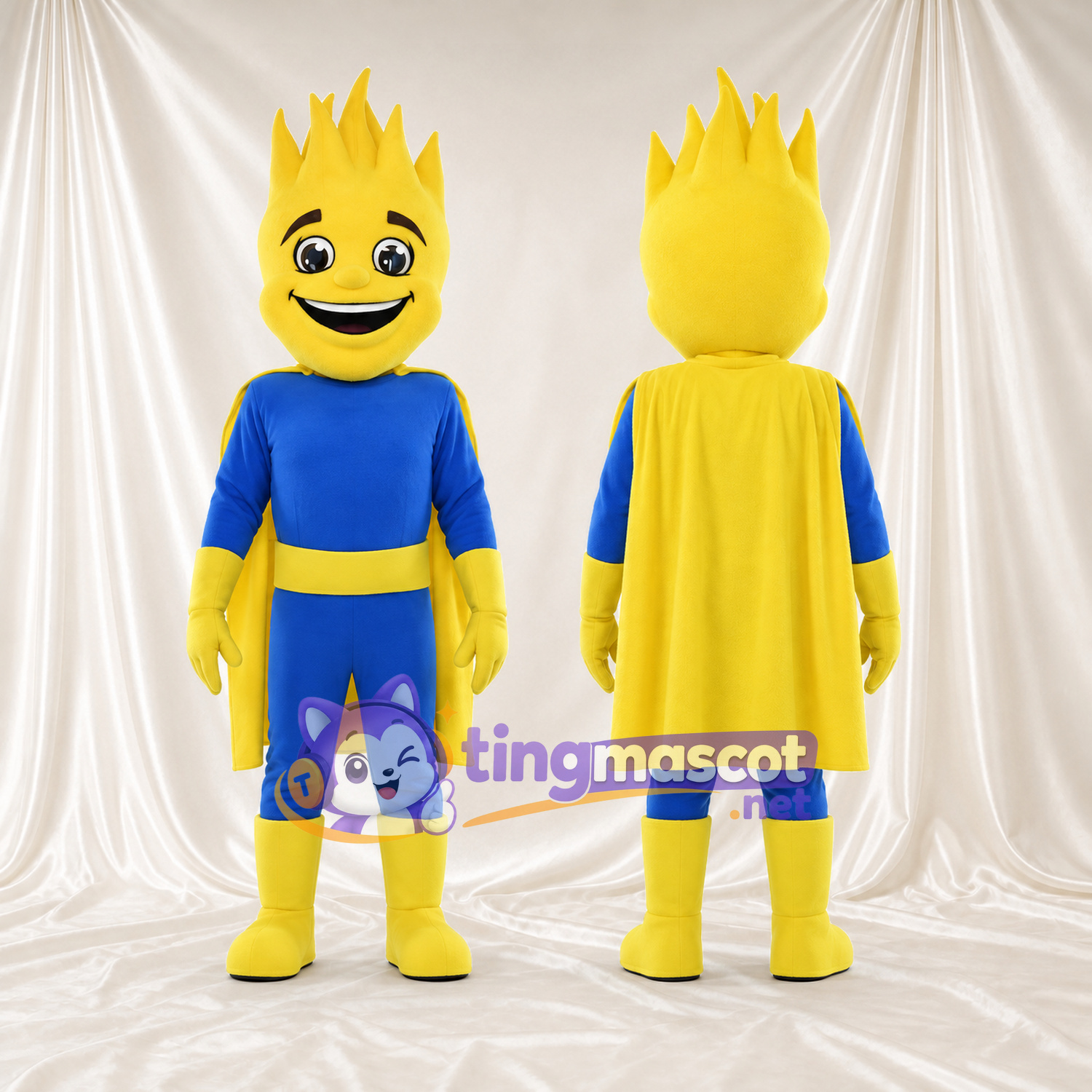 Flame Superhero Mascot Costume - Blue Suit and Yellow Cape Flame Superhero Mascot Costume - Blue Suit and Yellow Cape