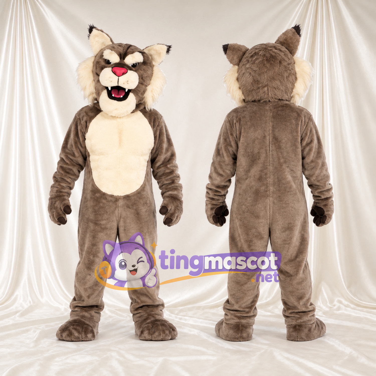 Costume de mascotte Chat sauvage – gris – Torse (crème); Nez (rose) Costume de mascotte Chat sauvage – gris – Torse (crème); Nez (rose)