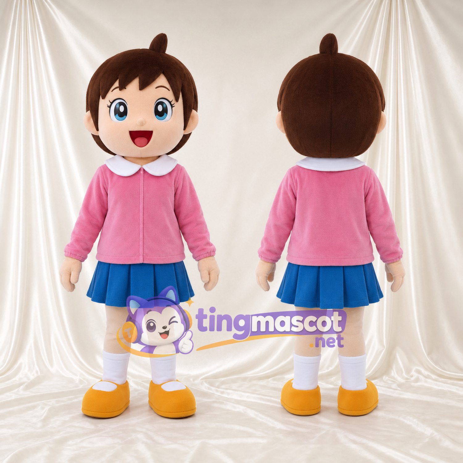 Anime Girl Mascot Costume - Pink Cardigan, Blue Skirt and Yellow Shoes Anime Girl Mascot Costume - Pink Cardigan, Blue Skirt and Yellow Shoes