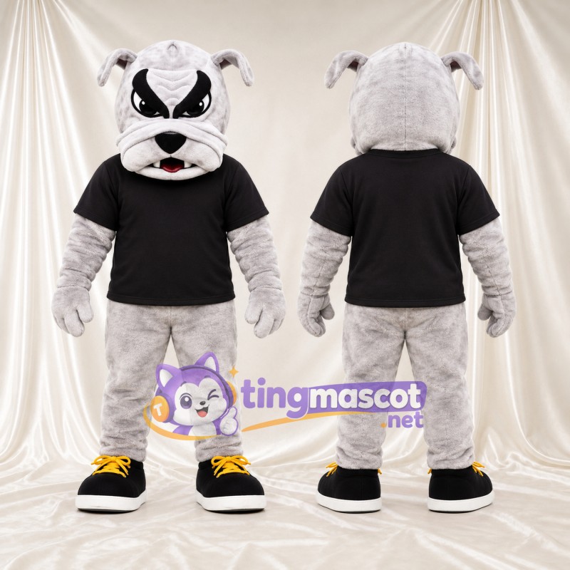 Costume de mascotte Bouledogue – blanc – T-shirt (noir); Chaussures (jaune)