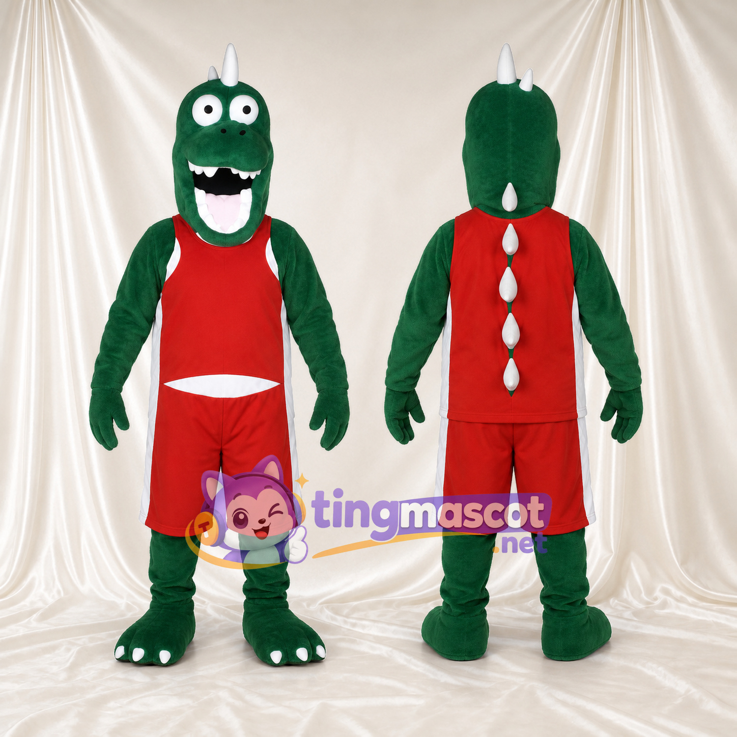 Costume de mascotte Dinosaure – vert – Tenue de basket (rouge); Sourire (large) Costume de mascotte Dinosaure – vert – Tenue de basket (rouge); Sourire (large)