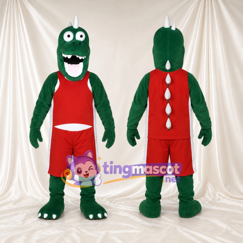 Costume de mascotte Dinosaure – vert – Tenue de basket (rouge); Sourire (large)