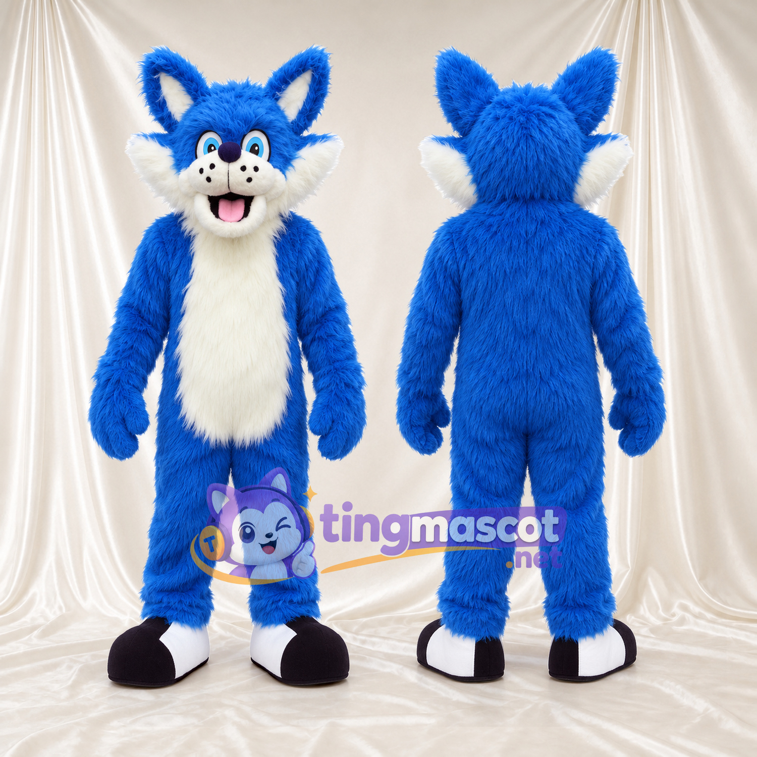 Costume de mascotte Renard – bleu – Ventre (blanc); Chaussures (noir) Costume de mascotte Renard – bleu – Ventre (blanc); Chaussures (noir)