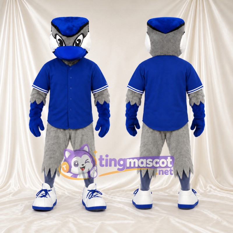 Costume de mascotte Geai bleu – selon la photo – Chemise (bleu marine); Jambes (gris, à plumes)