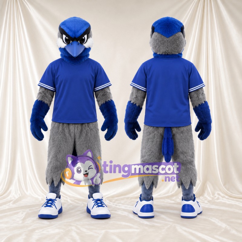 Costume de mascotte Geai bleu – selon la photo – Polo (bleu); Pantalon (gris, à plumes)