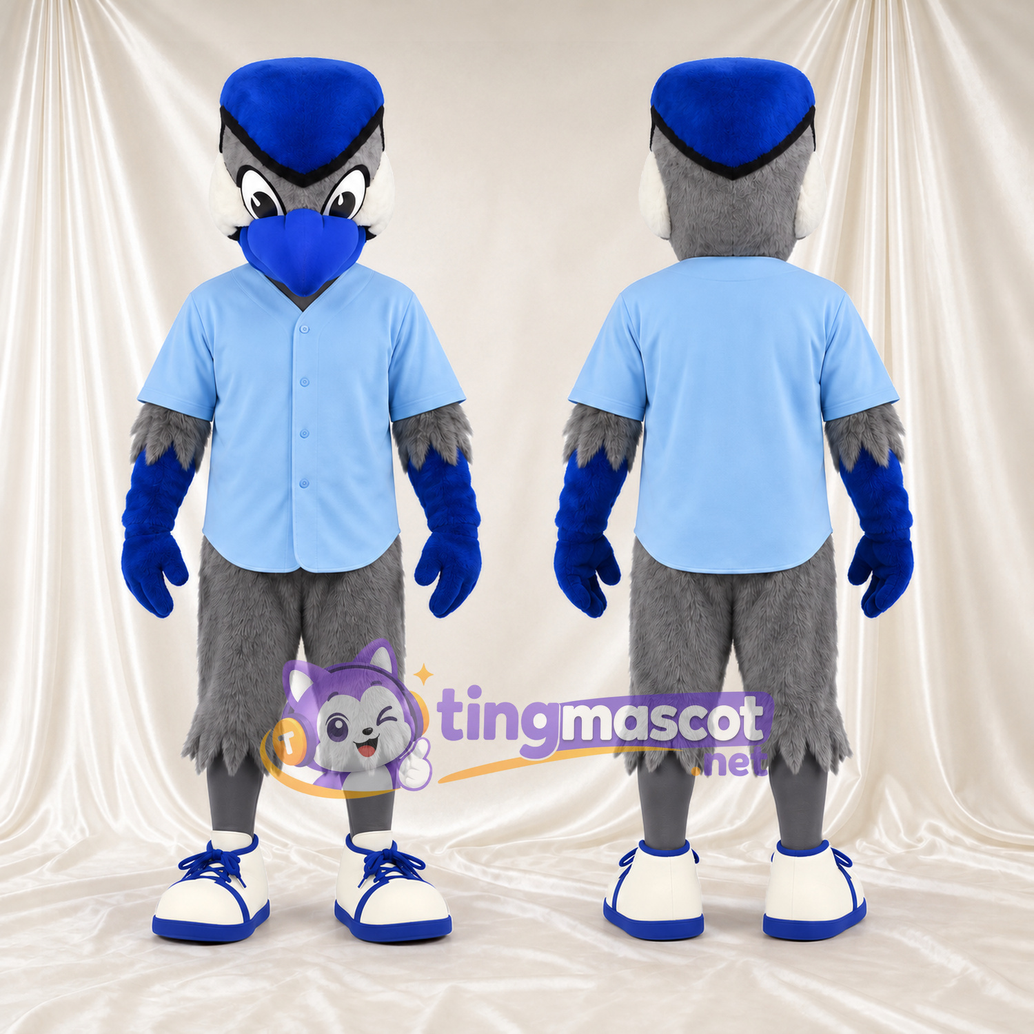 Costume de mascotte Geai bleu – selon la photo – Chemise (bleu clair); Pantalon (gris) Costume de mascotte Geai bleu – selon la photo – Chemise (bleu clair); Pantalon (gris)