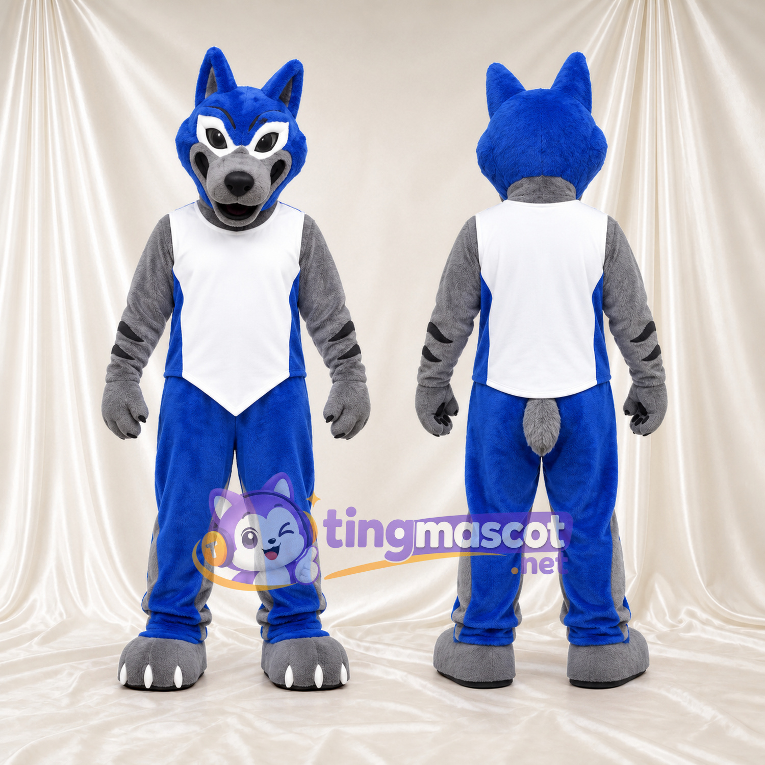 Costume de mascotte Loup – bleu / gris – Gilet de sport (blanc); Pantalon (bleu) Costume de mascotte Loup – bleu / gris – Gilet de sport (blanc); Pantalon (bleu)