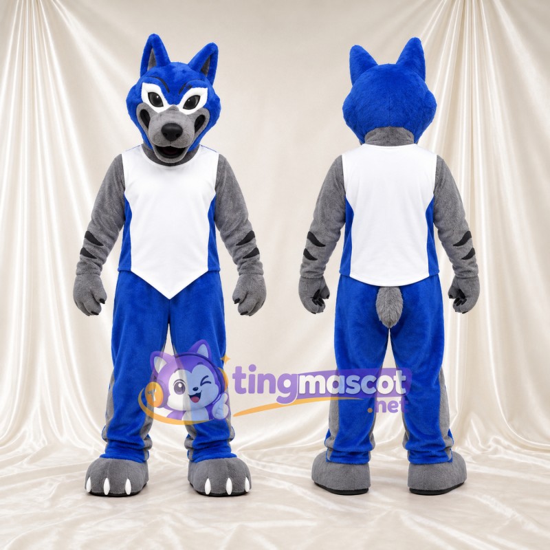 Costume de mascotte Loup – bleu / gris – Gilet de sport (blanc); Pantalon (bleu)