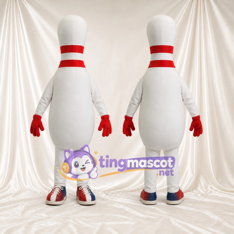 Maskottchenkostüm Bowlingkegel – weiß – Streifen (rot); Handschuhe (rot); Sneaker