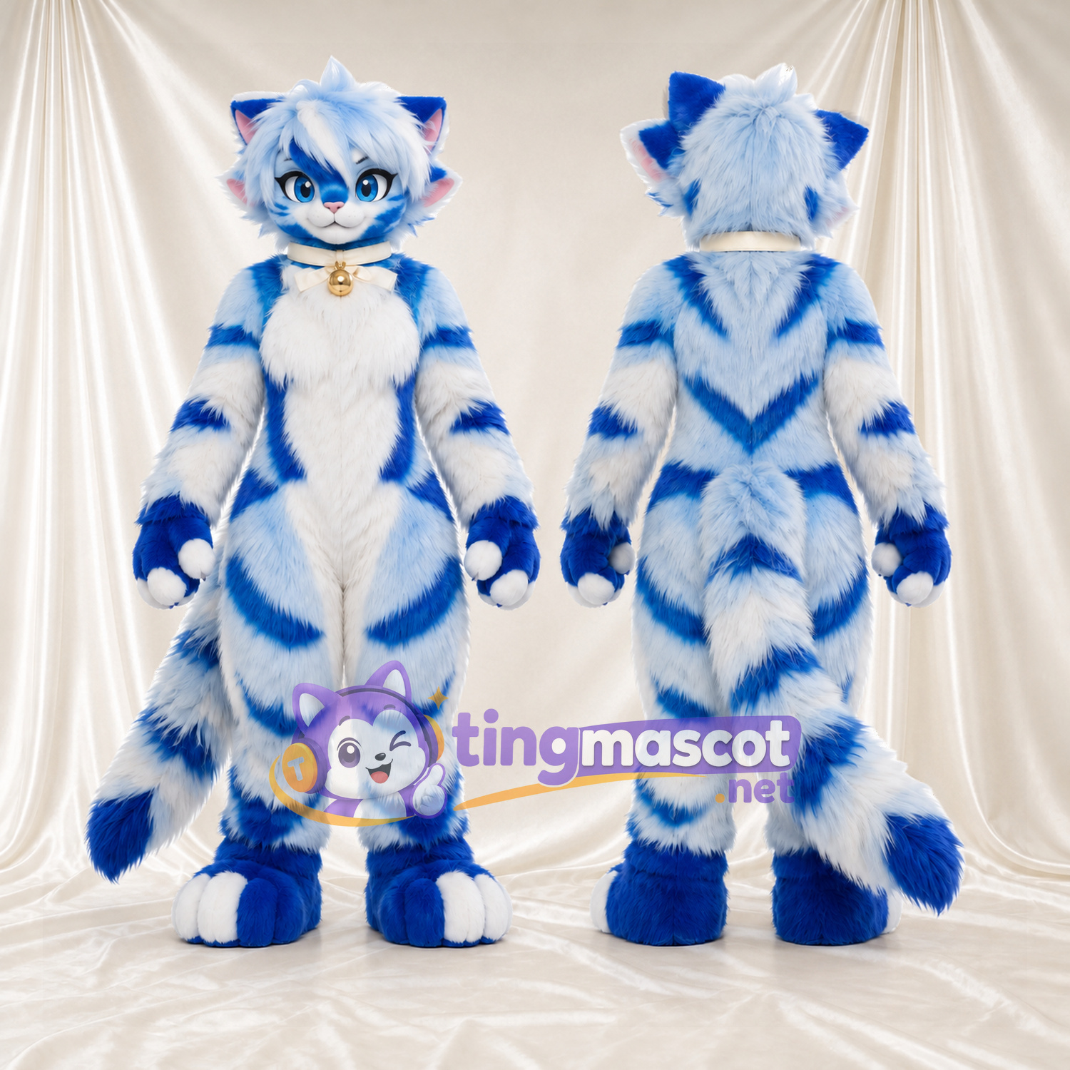 Costume de mascotte Chat – blanc / bleu – Rayures (bleu); Col (doré) Costume de mascotte Chat – blanc / bleu – Rayures (bleu); Col (doré)