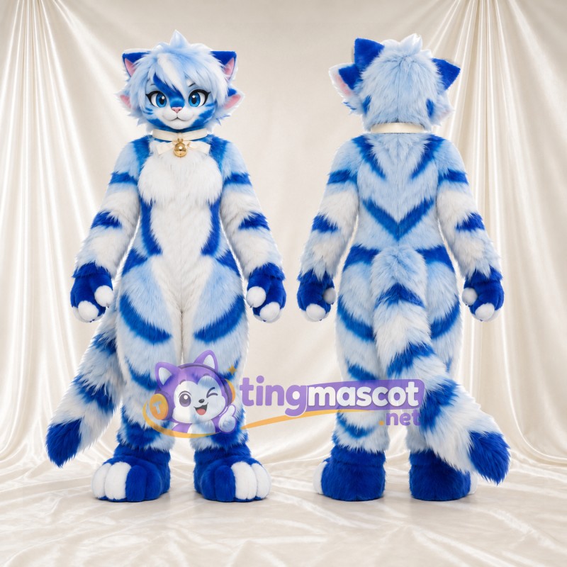 Costume de mascotte Chat – blanc / bleu – Rayures (bleu); Col (doré)