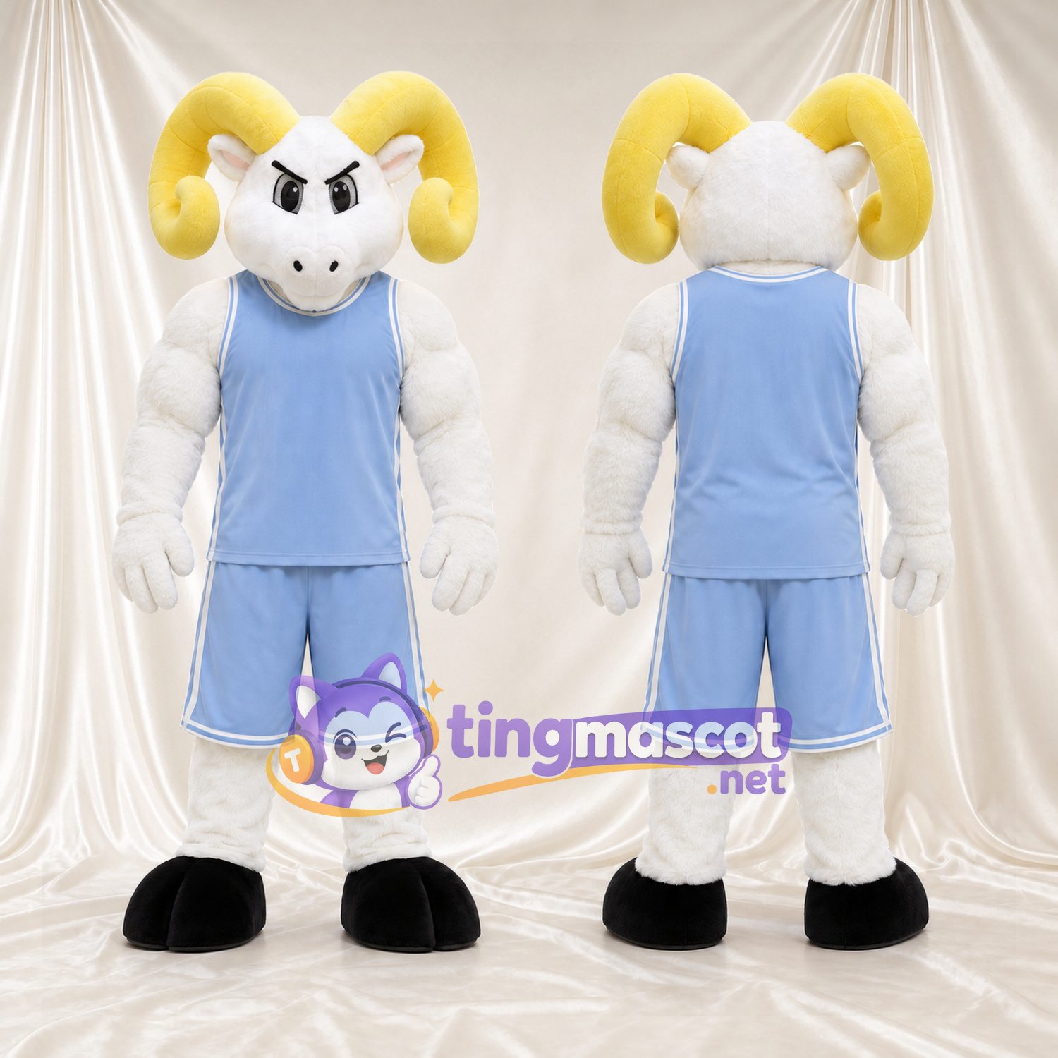 Costume de mascotte Bélier – blanc – Cornes (jaune); Tenue de basket (bleu clair) Costume de mascotte Bélier – blanc – Cornes (jaune); Tenue de basket (bleu clair)
