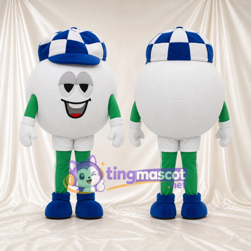 Costume de mascotte Personnage rond – blanc – Casquette (à carreaux, bleu); Tenue (vert)