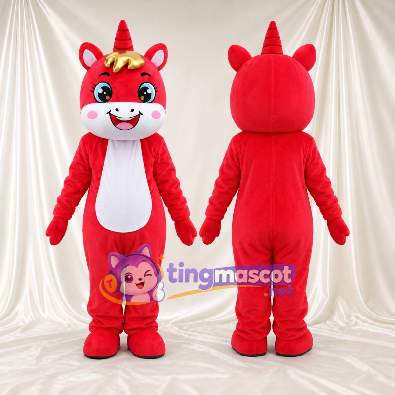 Maskottchenkostüm Einhorn – rot – Stirnlocke (goldfarben); Bauch (weiß)