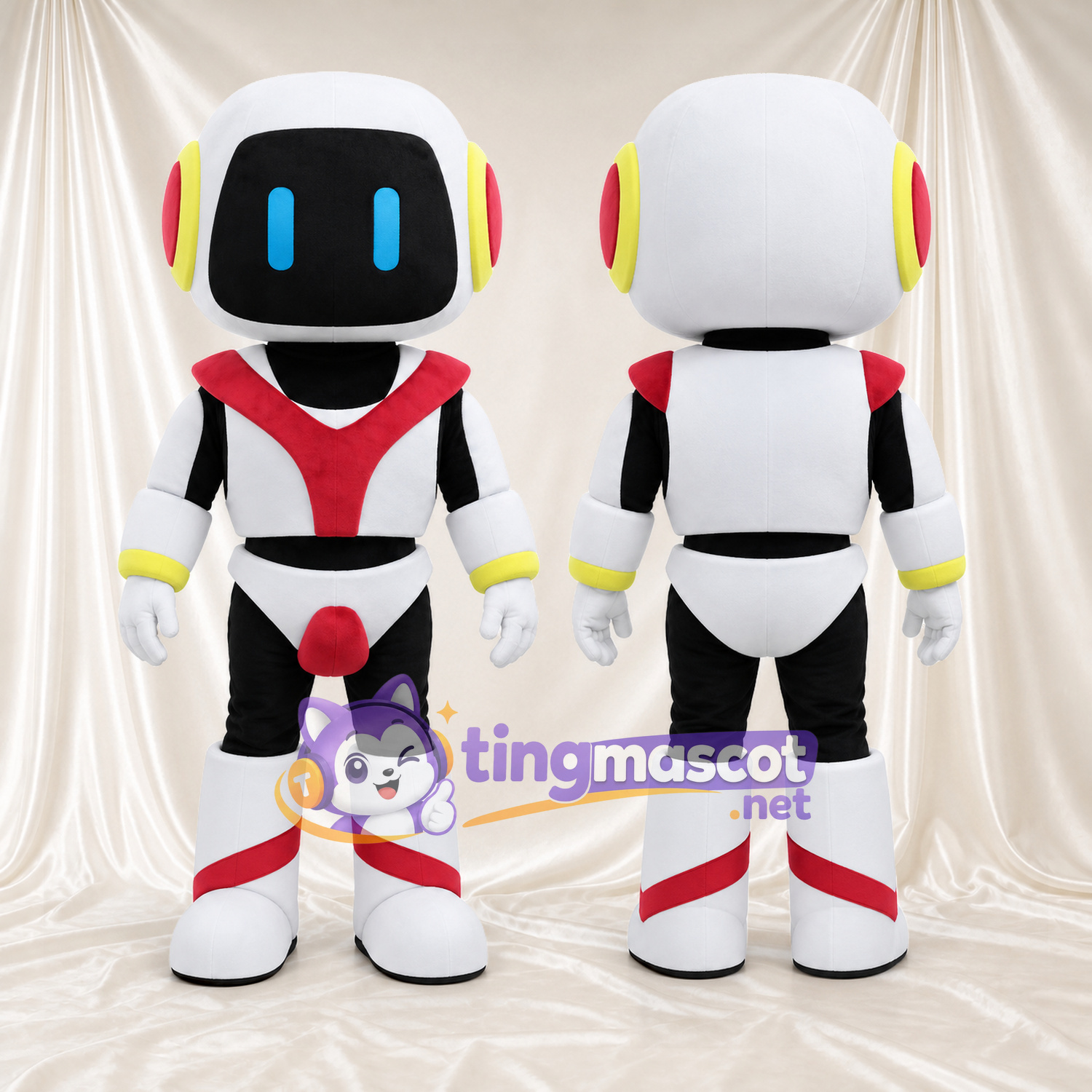 Costume de mascotte Robot – blanc – Visage-écran (noir); Armure (rouge) Costume de mascotte Robot – blanc – Visage-écran (noir); Armure (rouge)