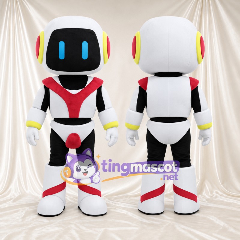 Costume de mascotte Robot – blanc – Visage-écran (noir); Armure (rouge)