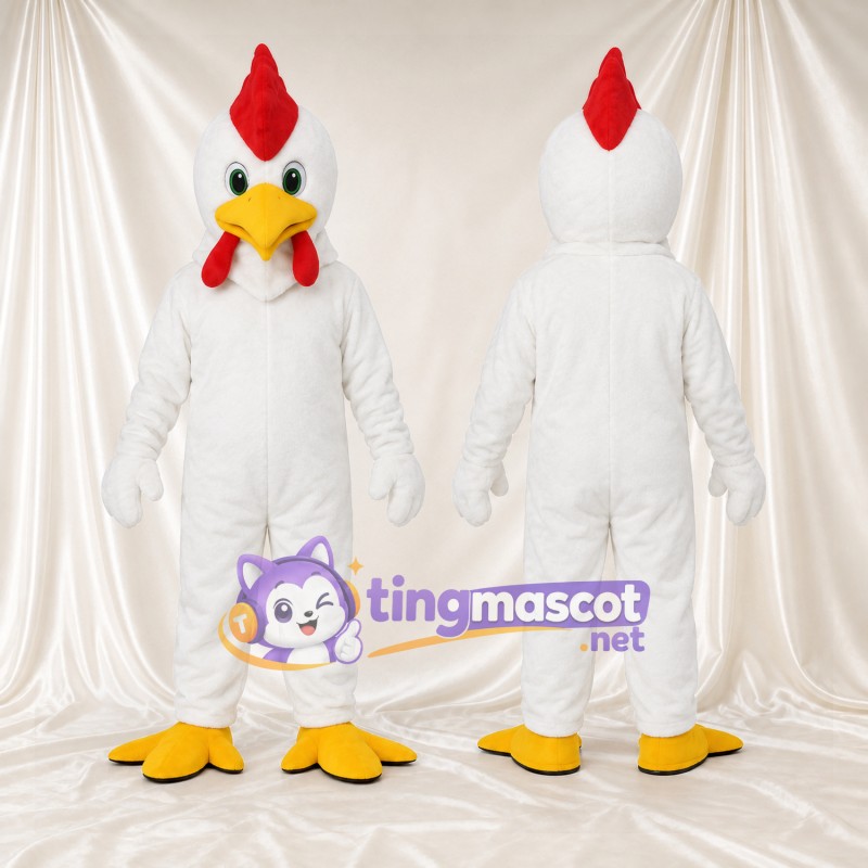 Costume de mascotte Coq – blanc – Crête (rouge); Bec (jaune)