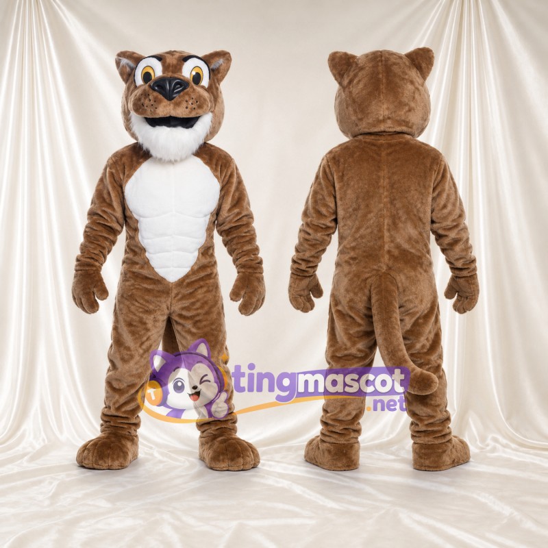 Brown Cougar Mascot Costume - White Muscular Chest and Smiling Muzzle