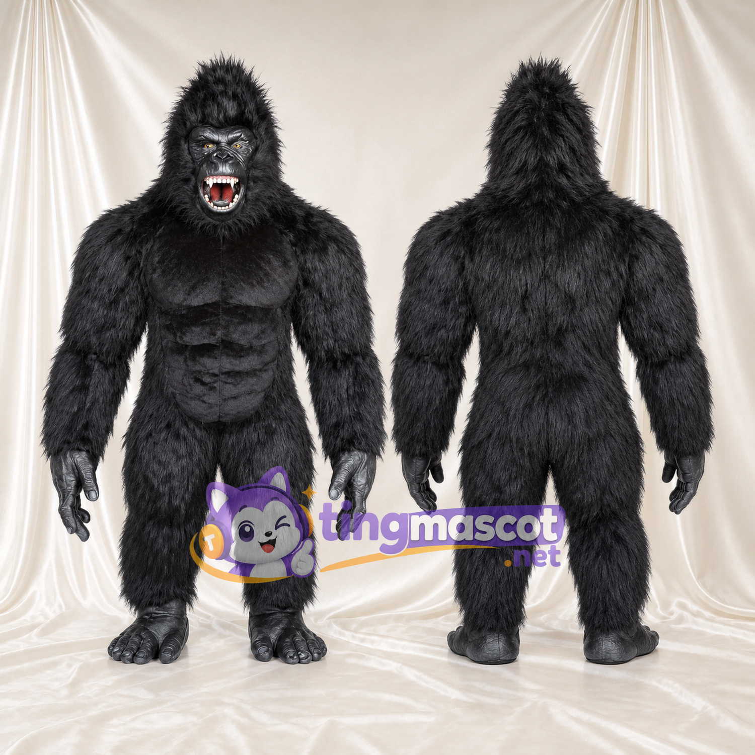 Costume de mascotte Gorille – noir – Corps musclé; Bouche à crocs (ouvert) Costume de mascotte Gorille – noir – Corps musclé; Bouche à crocs (ouvert)