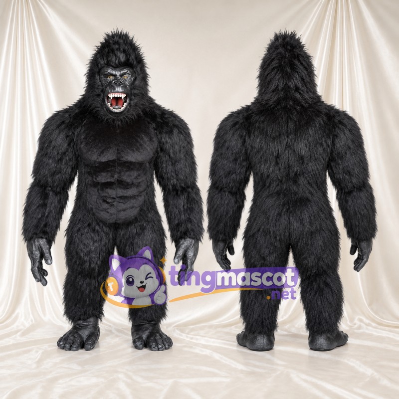 Costume de mascotte Gorille – noir – Corps musclé; Bouche à crocs (ouvert)