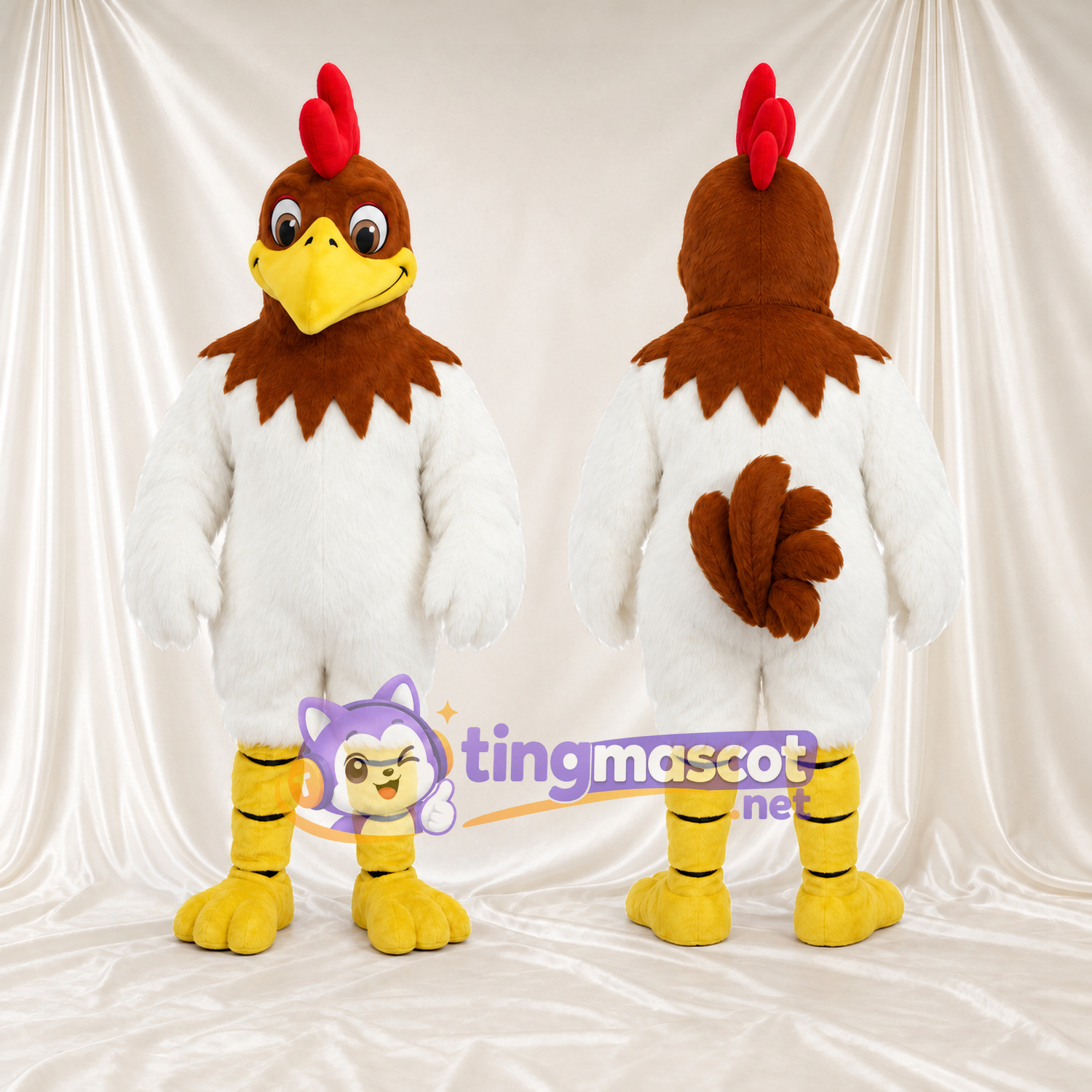 Costume de mascotte Coq – blanc – Cou (marron); Plumes; Jambes (jaune) Costume de mascotte Coq – blanc – Cou (marron); Plumes; Jambes (jaune)