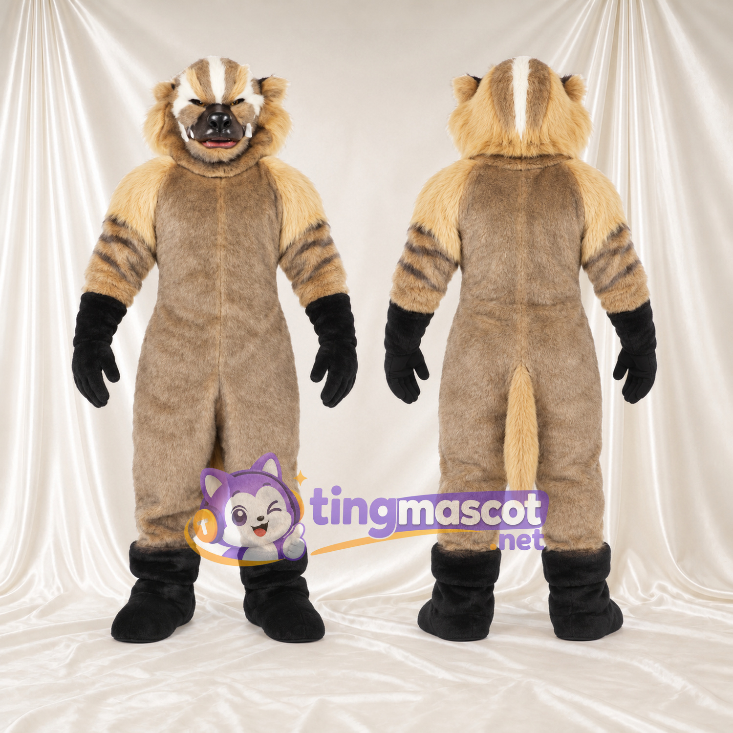 Maskottchenkostüm Dachs – hellbraun – Gesicht (gestreift); Handschuhe (schwarz) Maskottchenkostüm Dachs – hellbraun – Gesicht (gestreift); Handschuhe (schwarz)