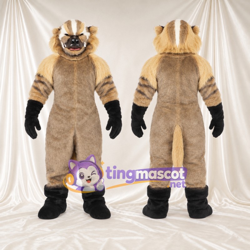 Maskottchenkostüm Dachs – hellbraun – Gesicht (gestreift); Handschuhe (schwarz)