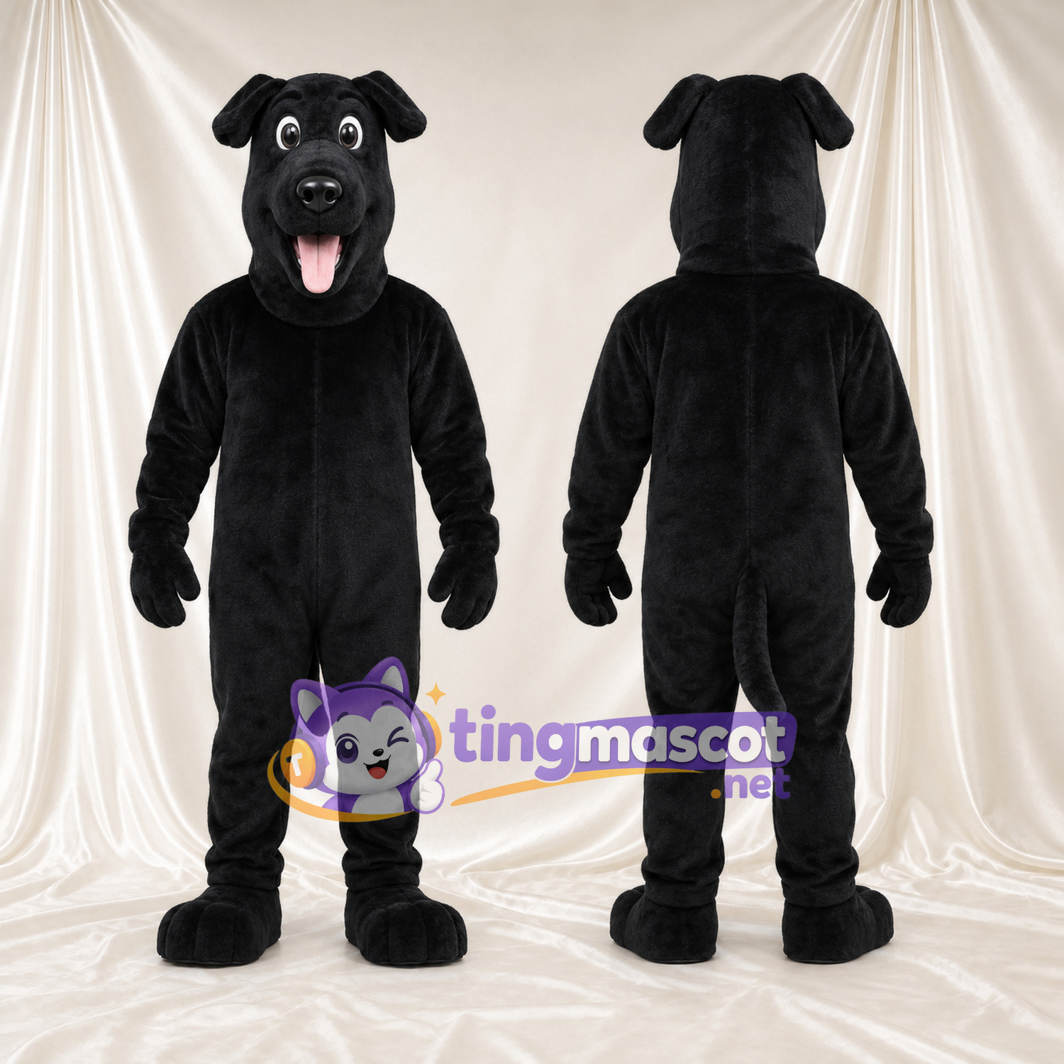 Costume de mascotte Chien – noir – Oreilles tombantes; Langue (long, rose) Costume de mascotte Chien – noir – Oreilles tombantes; Langue (long, rose)