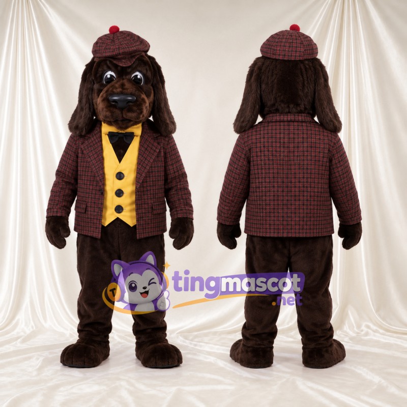 Costume de mascotte Chien – marron – Casquette (écossais); Veste; Gilet (jaune)