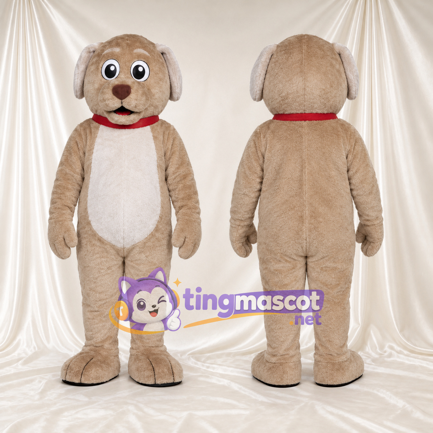 Beige Dog Mascot Costume - Red Collar and Cream Belly Beige Dog Mascot Costume - Red Collar and Cream Belly