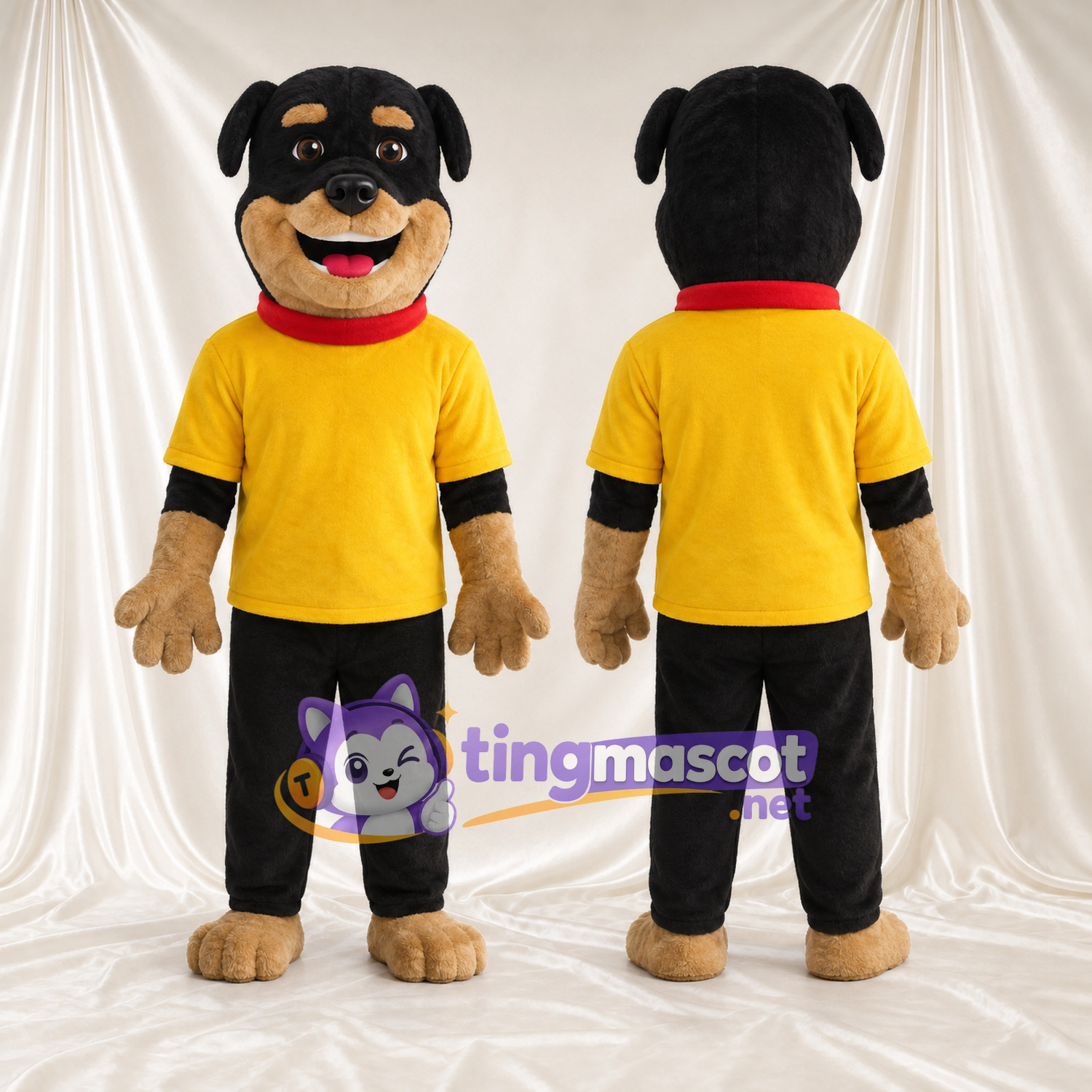 Black and Tan Dog Mascot Costume - Yellow T-Shirt and Black Pants Black and Tan Dog Mascot Costume - Yellow T-Shirt and Black Pants