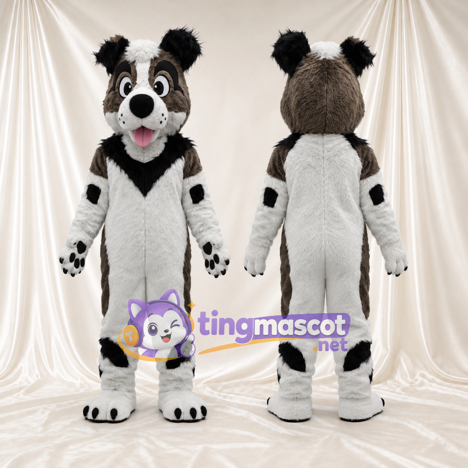 Maskottchenkostüm Gefleckter Hund – wie abgebildet – Ohren (aufrecht); Halskrause (schwarz) Maskottchenkostüm Gefleckter Hund – wie abgebildet – Ohren (aufrecht); Halskrause (schwarz)